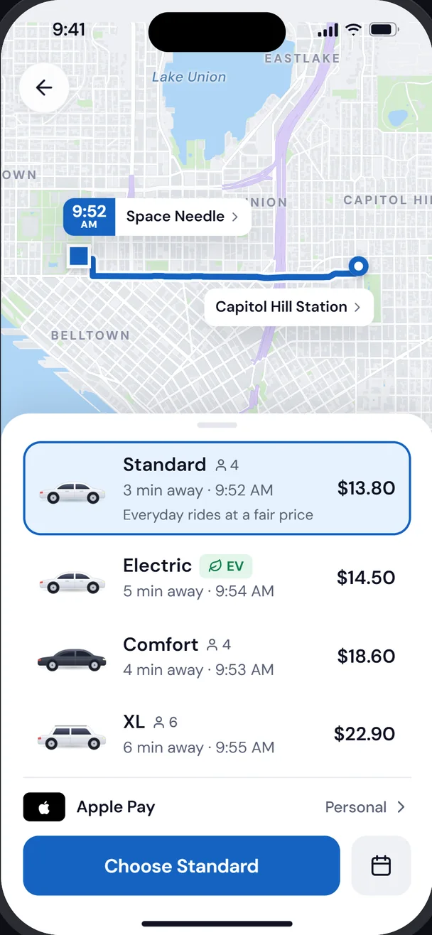 Choosing a ride in VoziNow: a route on a Seattle map with Standard, Electric, Comfort and XL options, each with a price and arrival time