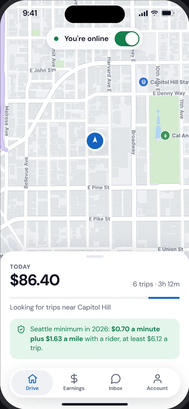 Driver home screen with an online switch and today's earnings