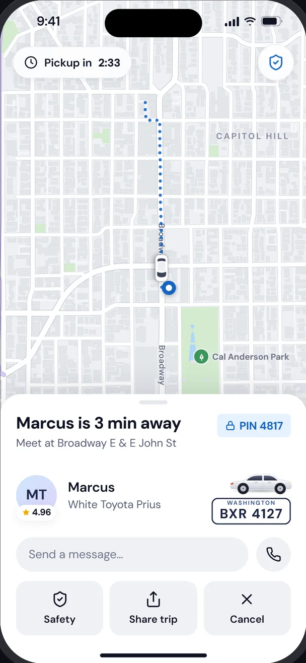 Driver on the way: the driver's name, car, license plate and a pickup PIN