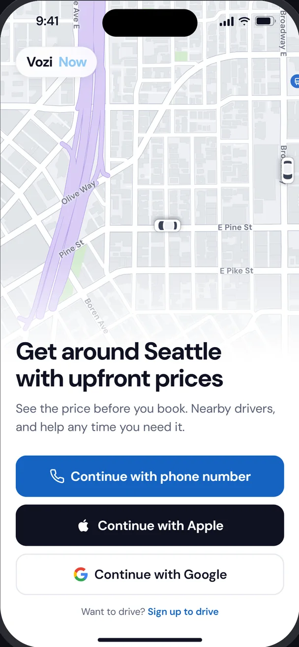 VoziNow welcome screen: Get around Seattle with upfront prices